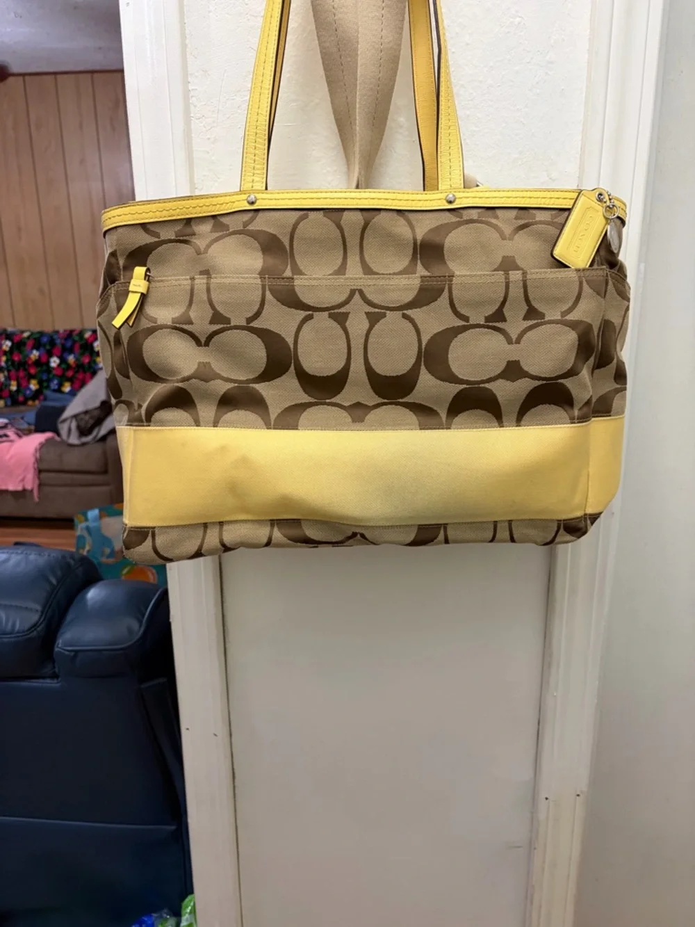 Coach Brown Signature Canvas Tote with Yellow Trim